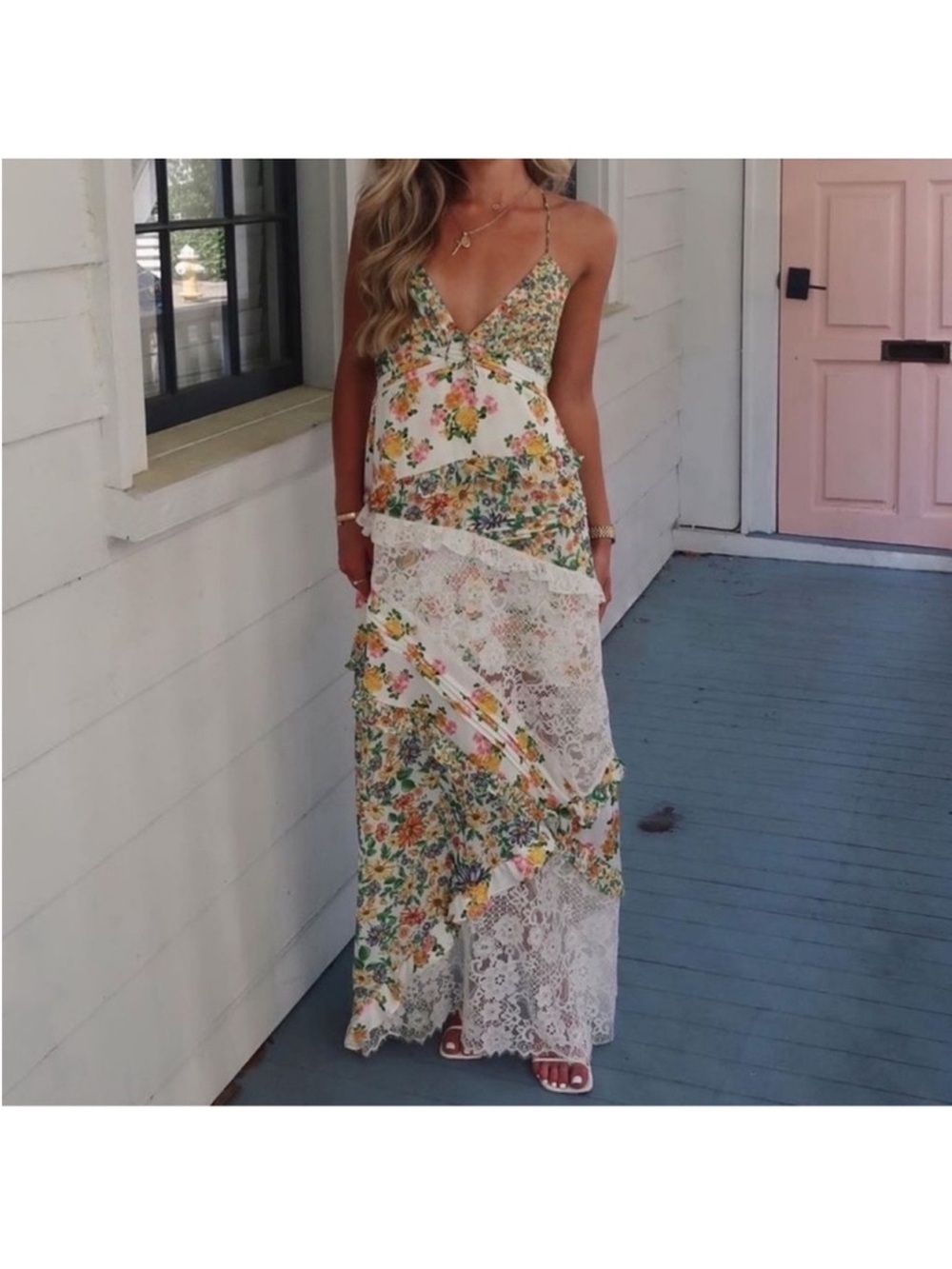For Love And Lemons Rosalyn White Multicolor Floral Lace Bohemian Maxi Dress 1X